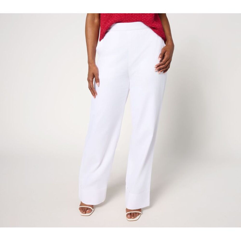 by Stacy London Women's Pants Sz L Cotton Wide Leg Pant Tall Cuff White A691876